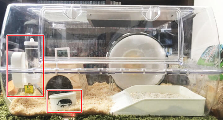 ハリネズミのケージ、給水容器、サイレントホール、余った餌等